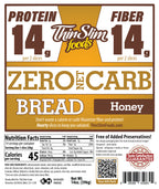 ThinSlim Foods Zero Net Carb Honey Bread package label with Nutrition Facts, ingredients, and storage instructions.