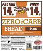 ThinSlim Foods Zero Net Carb Plain Bread package label with Nutrition Facts, ingredients, and storage instructions.