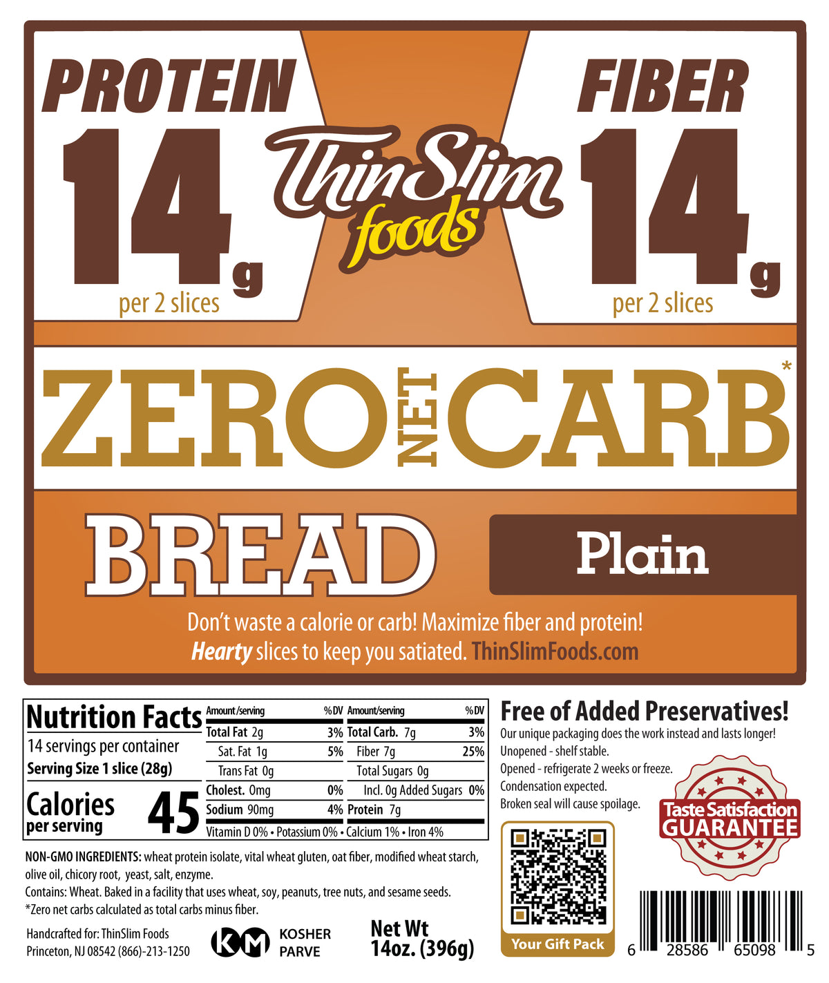 ThinSlim Foods Zero Net Carb Plain Bread package label with Nutrition Facts, ingredients, and storage instructions.