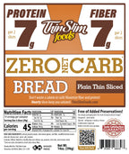 ThinSlim Foods Plain Thin Sliced Bread package label with Nutrition Facts, ingredients, and storage instructions.