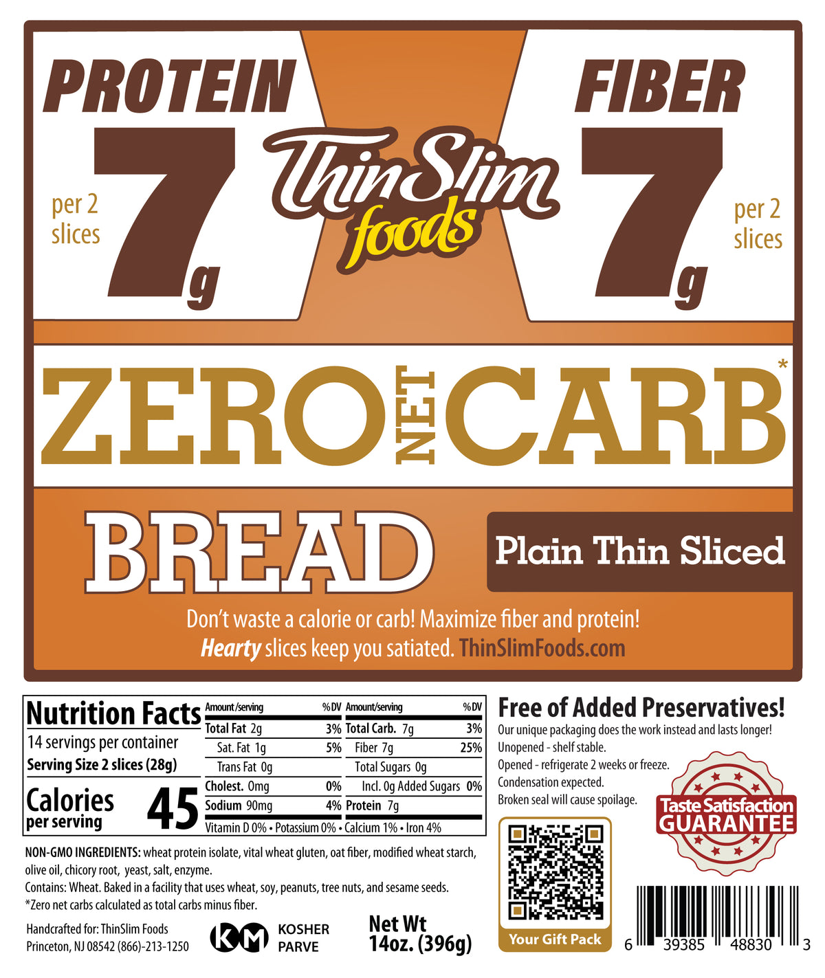 ThinSlim Foods Plain Thin Sliced Bread package label with Nutrition Facts, ingredients, and storage instructions.