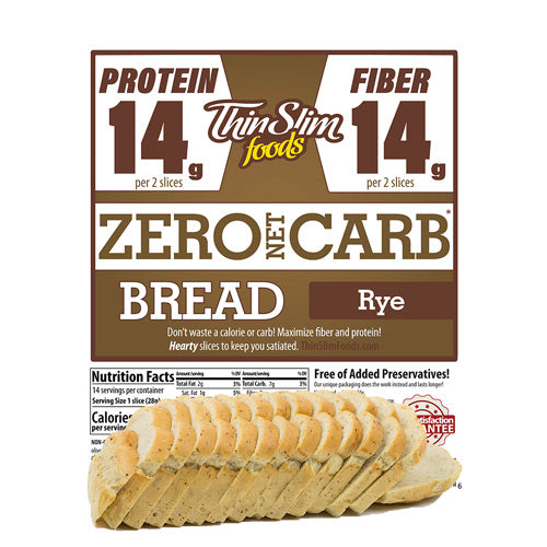 ThinSlim Foods Zero Net Carb Rye Bread label above a sliced loaf.