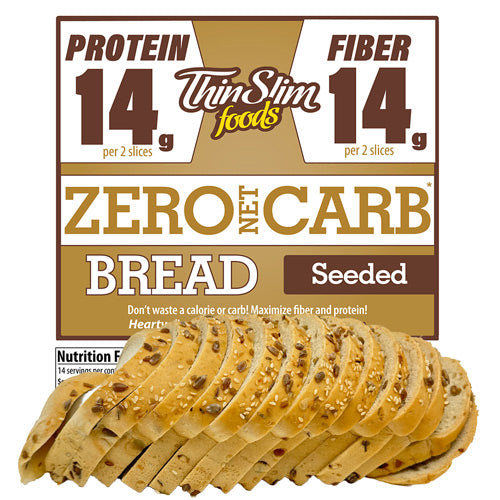 ThinSlim Foods Zero Net Carb Seeded Bread label above a sliced loaf with seeds.