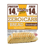 ThinSlim Foods Zero Net Carb Sourdough Bread label above a sliced loaf.