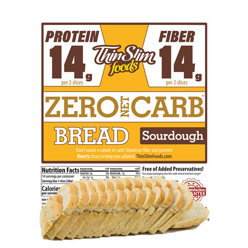 ThinSlim Foods Zero Net Carb Sourdough Bread label above a sliced loaf.