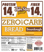 ThinSlim Foods Zero Net Carb Sourdough Bread package label with Nutrition Facts, ingredients, and storage instructions.