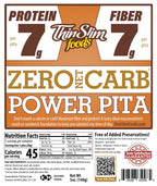 ThinSlim Foods Power Pita label with Nutrition Facts and ingredients. This label shows 7 grams of protein per pita.