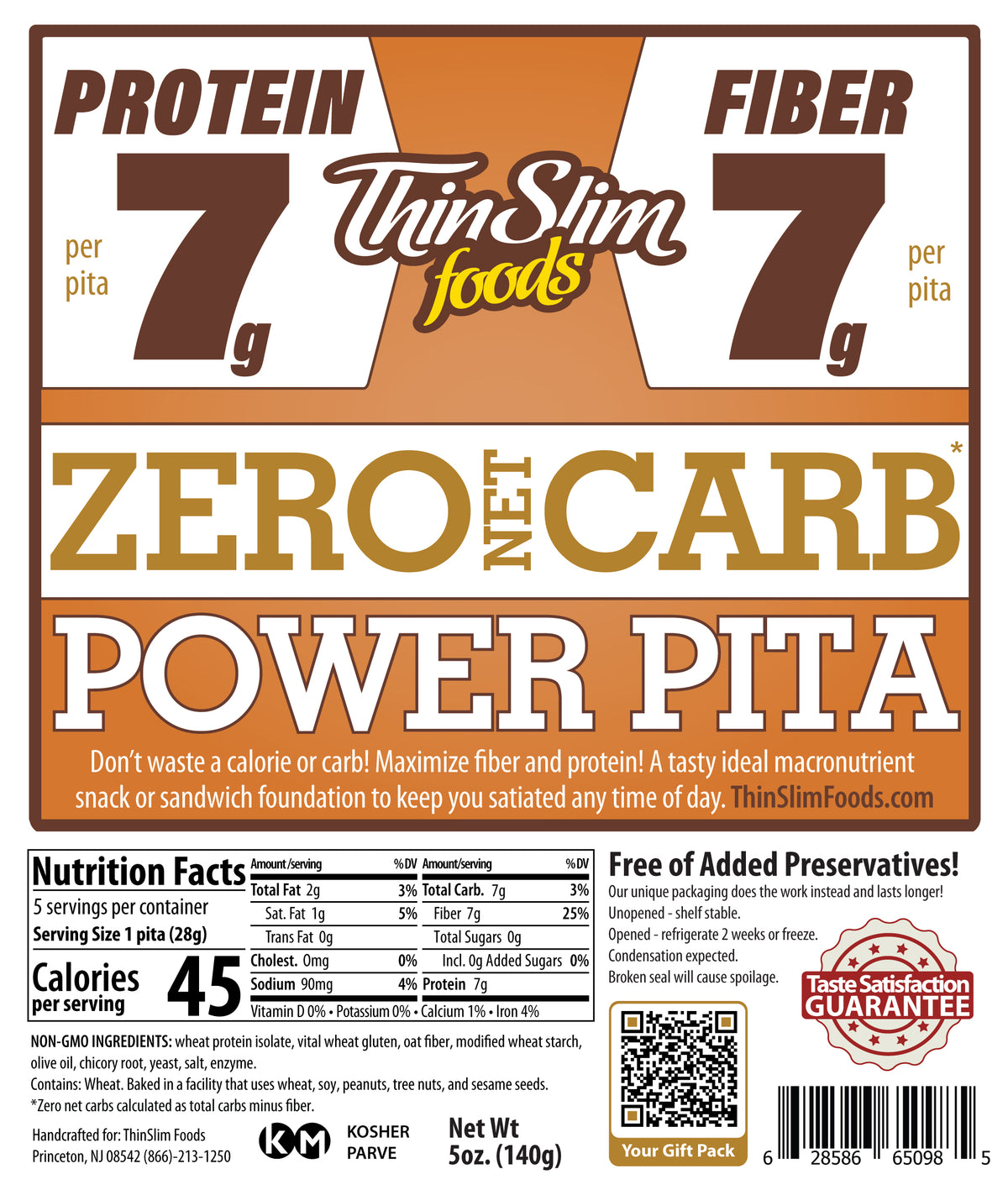 ThinSlim Foods Power Pita label with Nutrition Facts and ingredients. This label shows 7 grams of protein per pita.