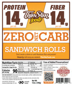 ThinSlim Foods Zero Net Carb Sandwich Rolls package label with Nutrition Facts, ingredients, and storage instructions.