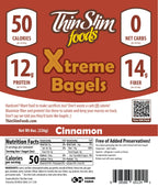 ThinSlim Foods Xtreme Cinnamon Bagels package label with Nutrition Facts, ingredients, and storage instructions.