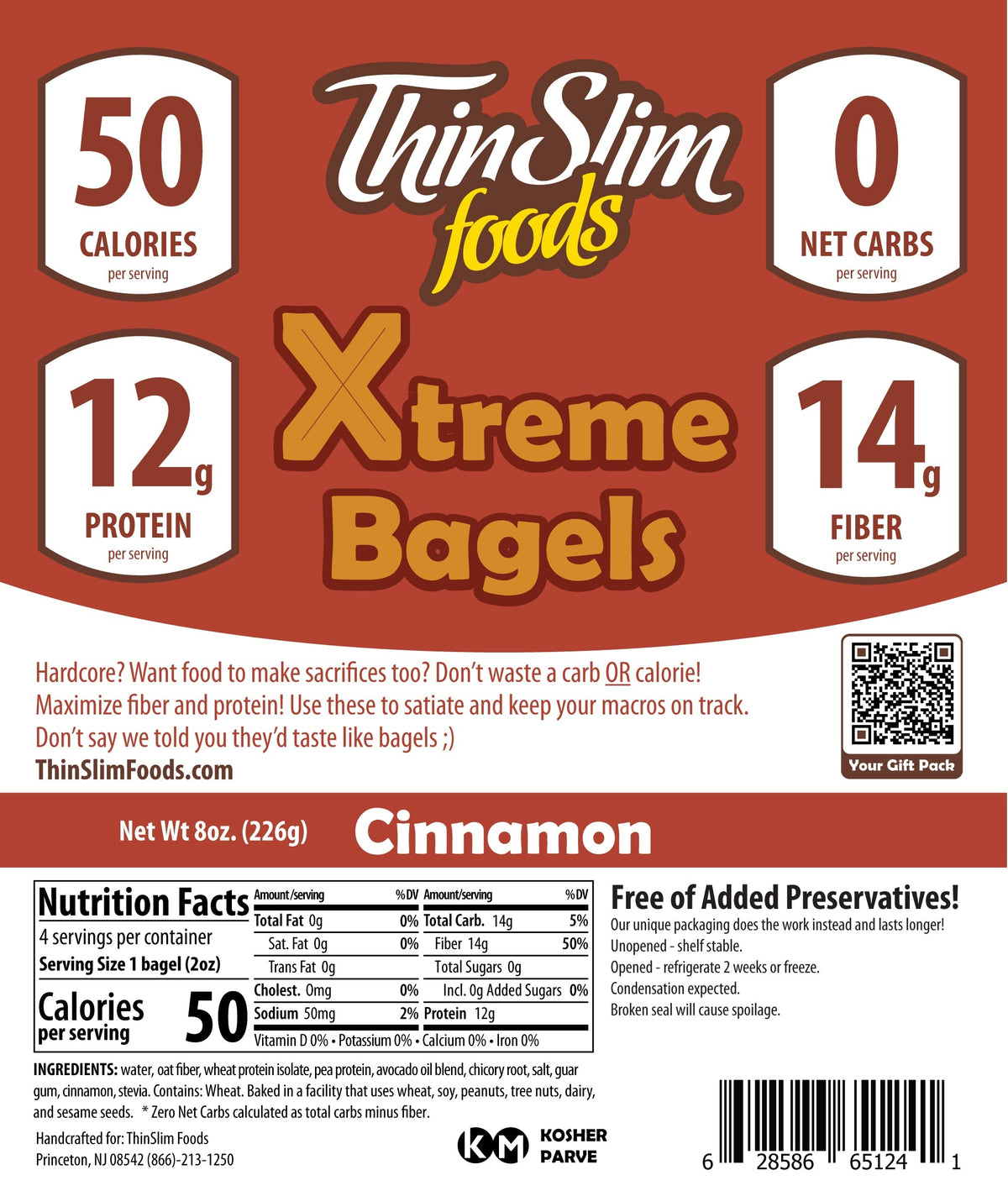 ThinSlim Foods Xtreme Cinnamon Bagels package label with Nutrition Facts, ingredients, and storage instructions.