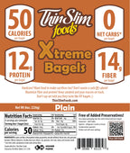 ThinSlim Foods Xtreme Plain Bagels package label with Nutrition Facts, ingredients, and storage instructions.