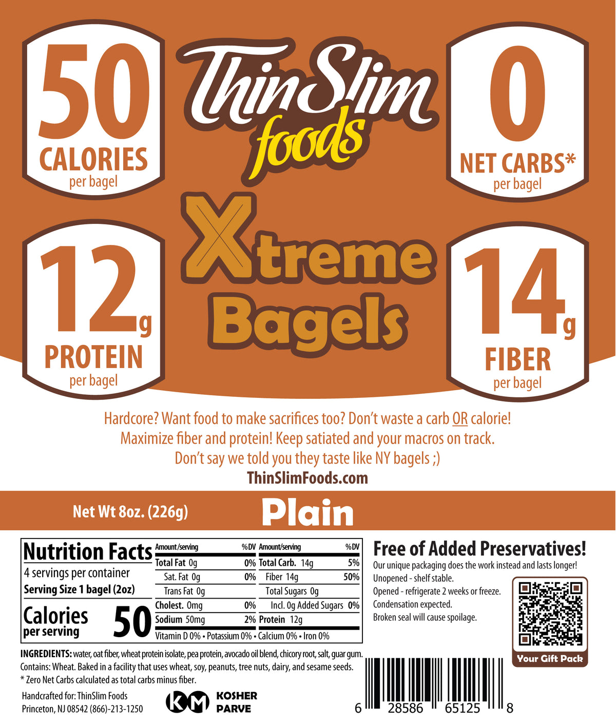 ThinSlim Foods Xtreme Plain Bagels package label with Nutrition Facts, ingredients, and storage instructions.