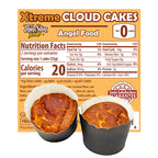 ThinSlim Foods Xtreme Angel Food Cloud Cakes label with Nutrition Facts behind two cakes in paper cups.