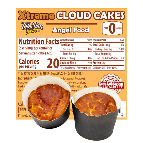ThinSlim Foods Xtreme Angel Food Cloud Cakes label with Nutrition Facts behind two cakes in paper cups.