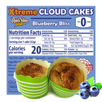 ThinSlim Foods Xtreme Cloud Cakes Blueberry Bliss label with Nutrition Facts behind the product on a white background.