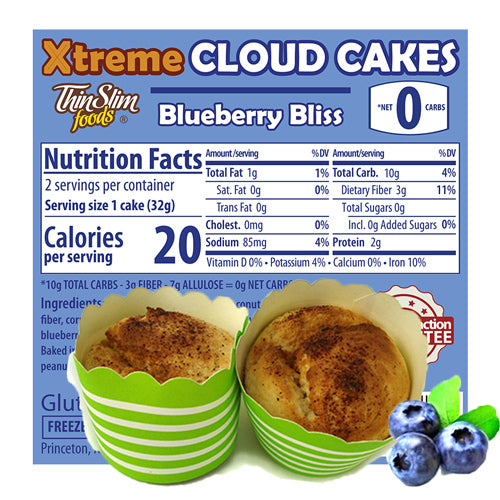 ThinSlim Foods Xtreme Cloud Cakes Blueberry Bliss label with Nutrition Facts behind the product on a white background.