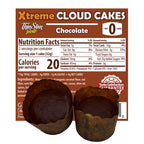 ThinSlim Foods Xtreme Cloud Cakes Chocolate label with Nutrition Facts behind the product on a white background.