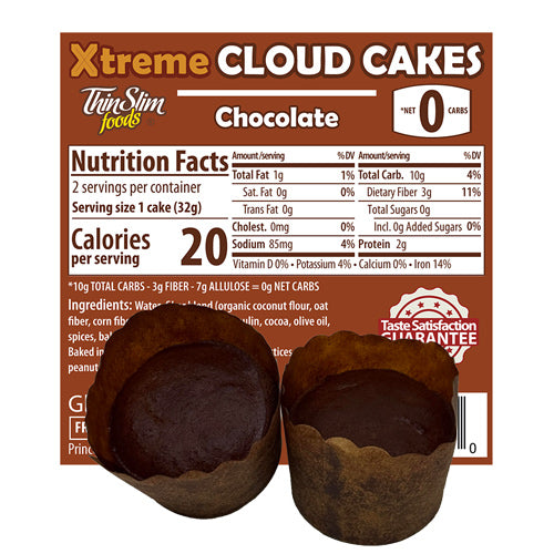 ThinSlim Foods Xtreme Cloud Cakes Chocolate label with Nutrition Facts behind the product on a white background.