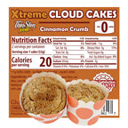 ThinSlim Foods Xtreme Cloud Cakes Cinnamon Crumb label with Nutrition Facts behind the product on a white background.