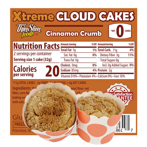 ThinSlim Foods Xtreme Cloud Cakes Cinnamon Crumb label with Nutrition Facts behind the product on a white background.