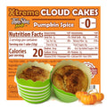 ThinSlim Foods Xtreme Cloud Cakes Pumpkin Spice label with Nutrition Facts behind the product on a white background.