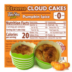 ThinSlim Foods Xtreme Cloud Cakes Pumpkin Spice label with Nutrition Facts behind the product on a white background.