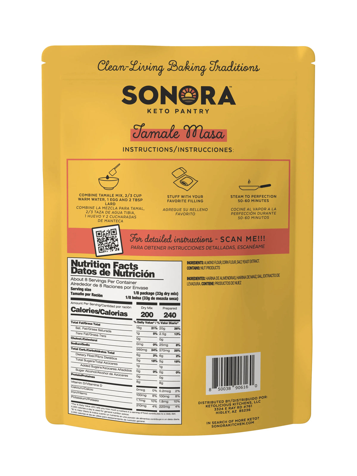 A yellow packaging for Sonora Keto Pantry Tamale Masa features cooking instructions in English and Spanish, along with a nutrition facts panel and a QR code for detailed instructions.