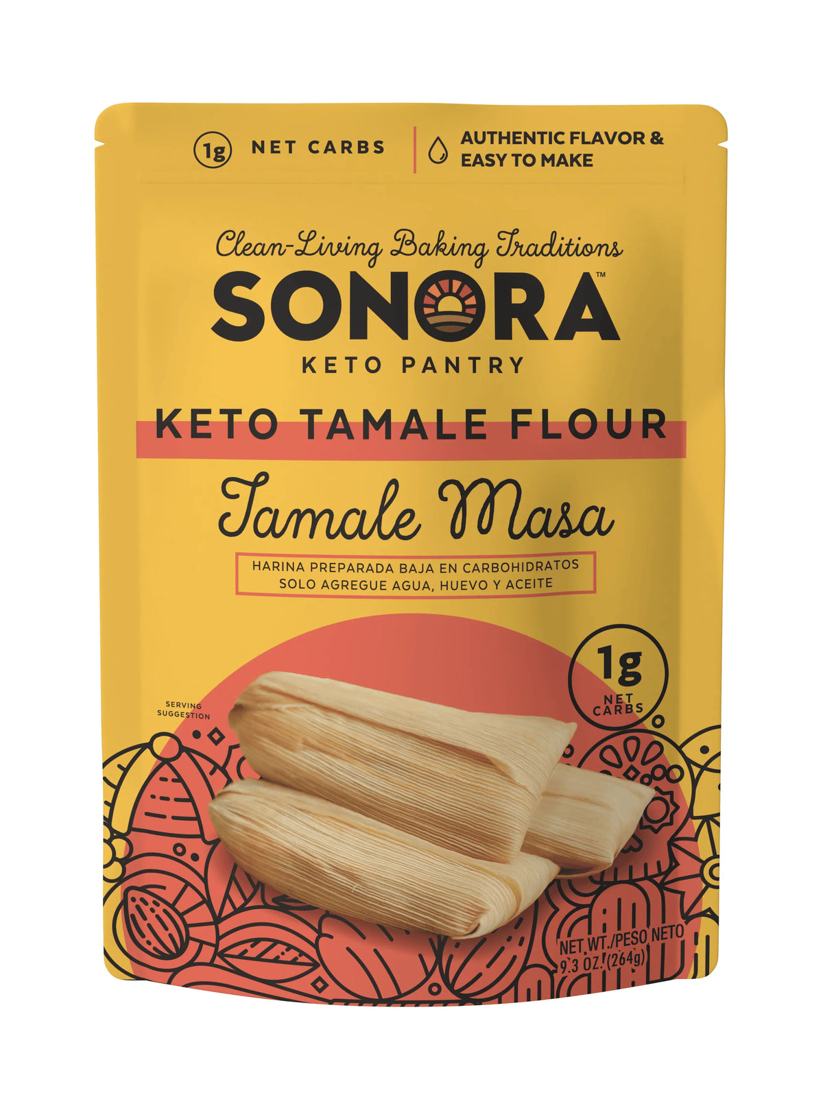 A bright yellow package of Sonora Keto Tamale Flour features a graphic of tamales and highlights its low-carb content, emphasizing authentic flavor and ease of use for baking.