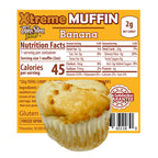 ThinSlim Foods Xtreme Muffins Banana label with Nutrition Facts behind the product on a white background.