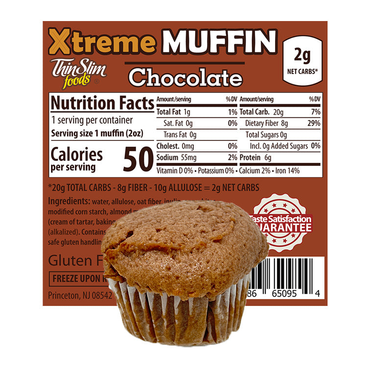 ThinSlim Foods Xtreme Muffins Chocolate label with Nutrition Facts behind the product on a white background.
