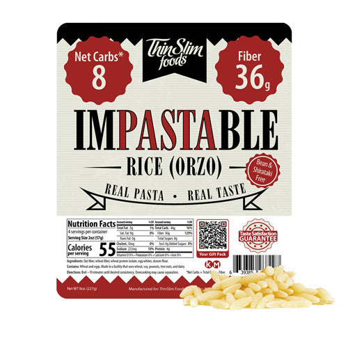 Impastable Rice Orzo label beside dry orzo pasta.