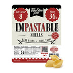Impastable Shells label beside dry shell pasta.