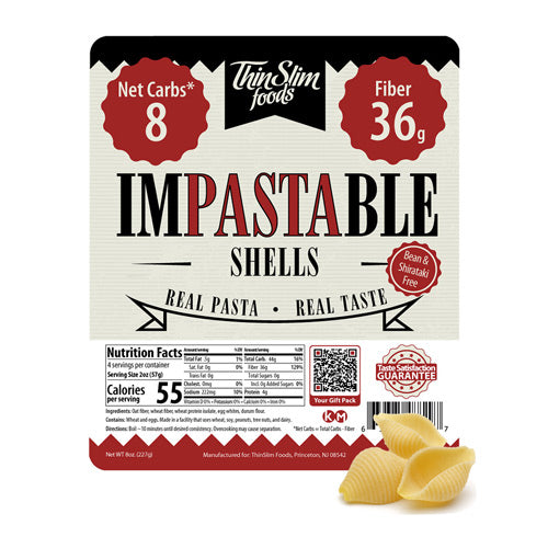 Impastable Shells label beside dry shell pasta.