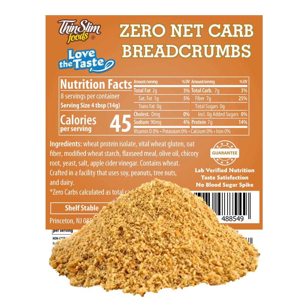 ThinSlim Foods Love-the-Taste Low Carb Breadcrumbs Plain label with Nutrition Facts behind the product on a white background.