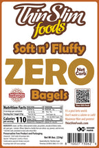 ThinSlim Foods Soft n' Fluffy Zero Net Carb Bagels package label with Nutrition Facts and ingredients.