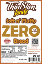 ThinSlim Foods Soft n' Fluffy Zero Net Carb Bread package label with Nutrition Facts and ingredients.