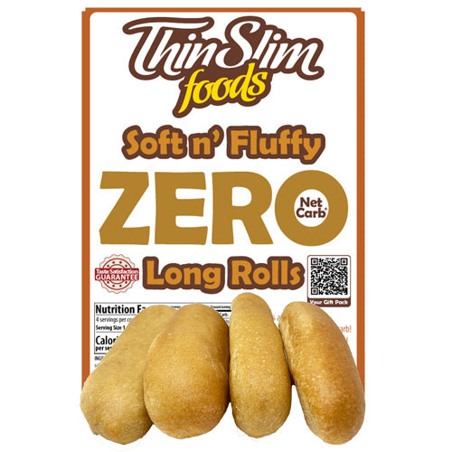 ThinSlim Foods Soft n' Fluffy Zero Net Carb Long Rolls label above long rolls.