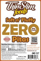 ThinSlim Foods Soft n' Fluffy Zero Net Carb Pitas package label with Nutrition Facts and ingredients.
