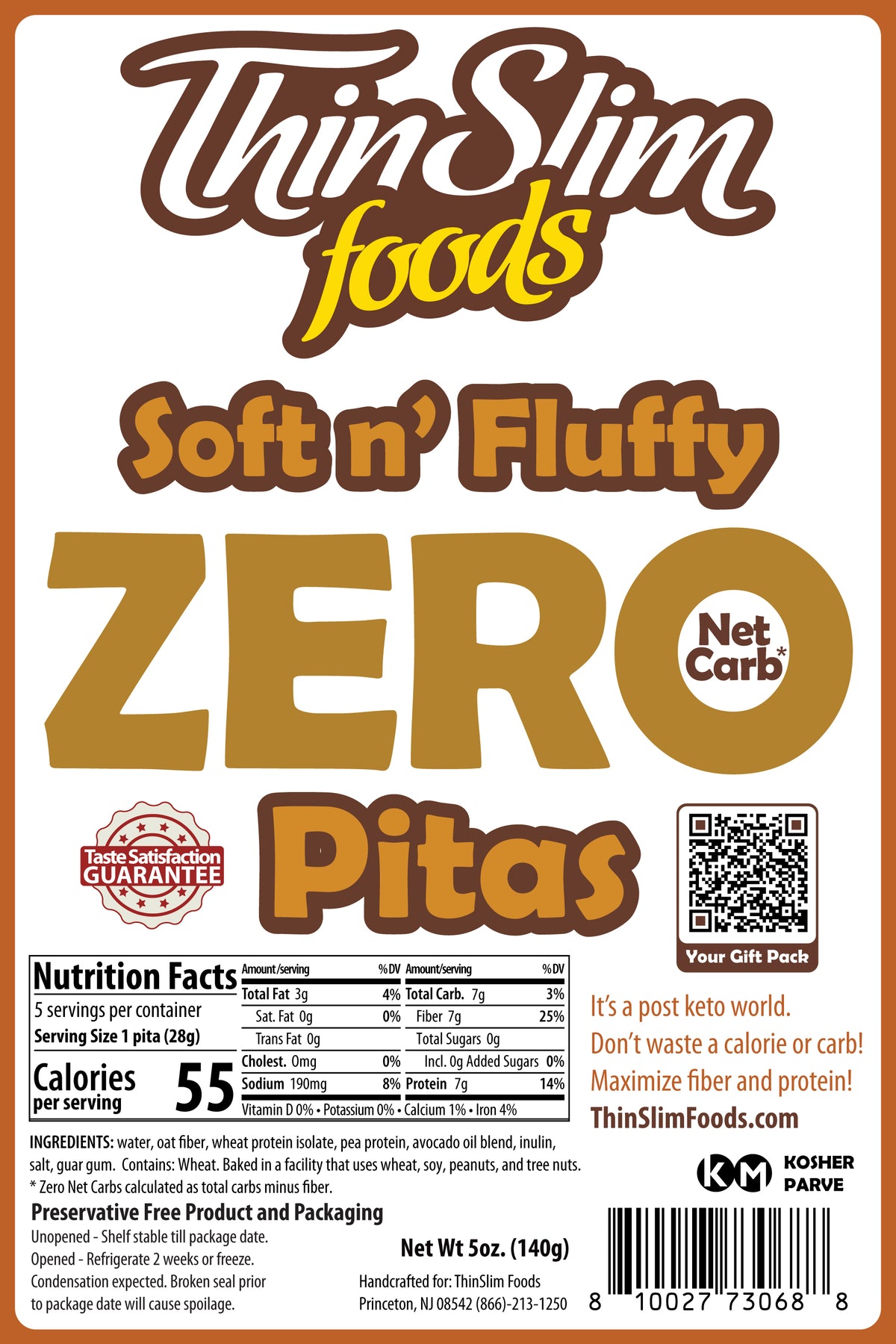 ThinSlim Foods Soft n' Fluffy Zero Net Carb Pitas package label with Nutrition Facts and ingredients.