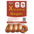ThinSlim Foods Xtreme Cinnamon Bagels label above four bagels.