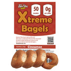 ThinSlim Foods Xtreme Cinnamon Bagels label above four bagels.
