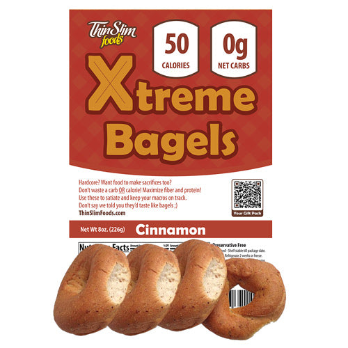 ThinSlim Foods Xtreme Cinnamon Bagels label above four bagels.