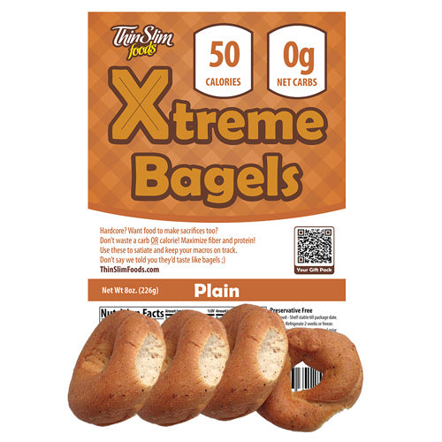 ThinSlim Foods Xtreme Plain Bagels label above four bagels.