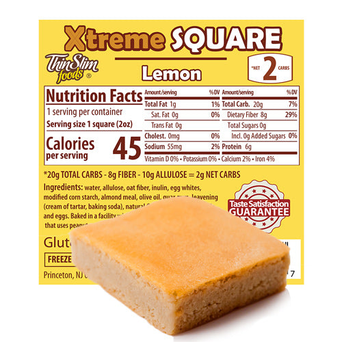 ThinSlim Foods Xtreme Square Lemon label with Nutrition Facts behind the product on a white background.