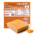 ThinSlim Foods Xtreme Square Pumpkin Spice label with Nutrition Facts behind the product on a white background.