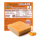 ThinSlim Foods Xtreme Square Pumpkin Spice label with Nutrition Facts behind the product on a white background.
