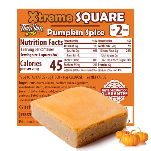 ThinSlim Foods Xtreme Square Pumpkin Spice label with Nutrition Facts behind the product on a white background.