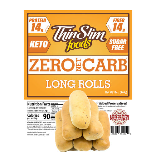 ThinSlim Foods Zero Net Carb Long Rolls label above long rolls.