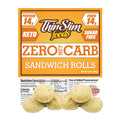 ThinSlim Foods Zero Net Carb Sandwich Rolls label with Nutrition Facts behind the product on a white background.